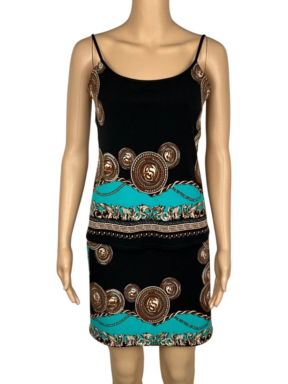 Evo Vorro Baroque Print Tank Skirt Set Black Turquoise 2 Pc Reversible Size M